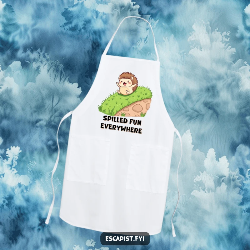 Funny apron with a tiny hedgehog rolling happily down a grassy slope, its little limbs flailing in playful abandon.
