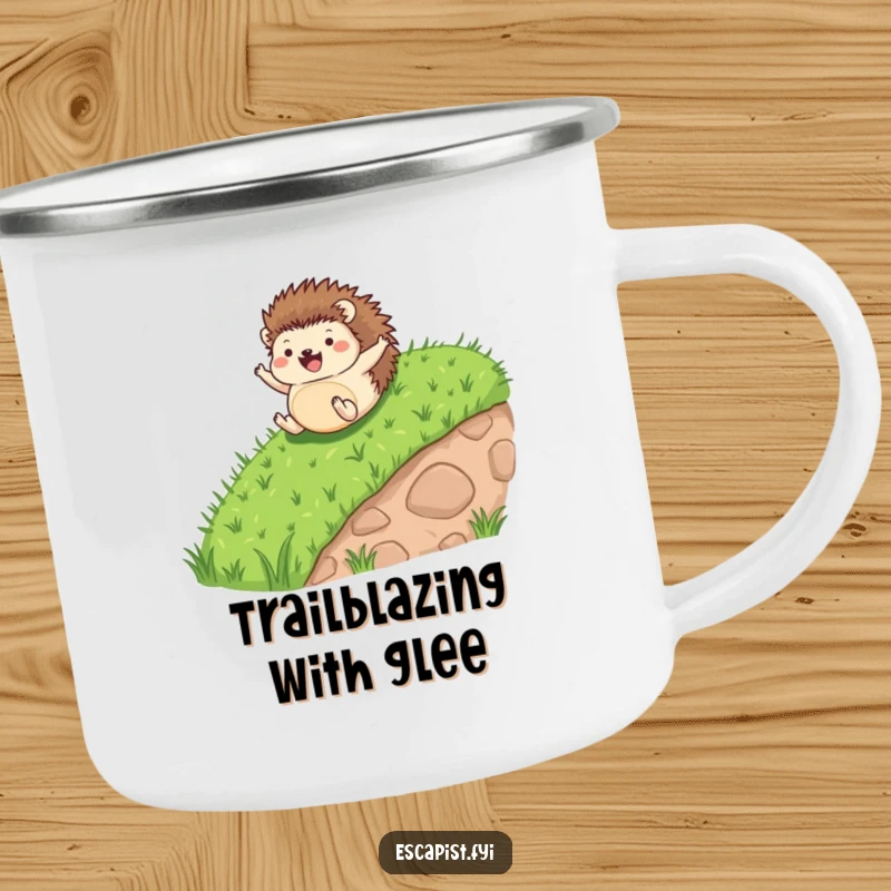 Funny camping mug showing a tiny hedgehog joyfully rolling down a hill, arms and legs flailing in a delightful tumble.