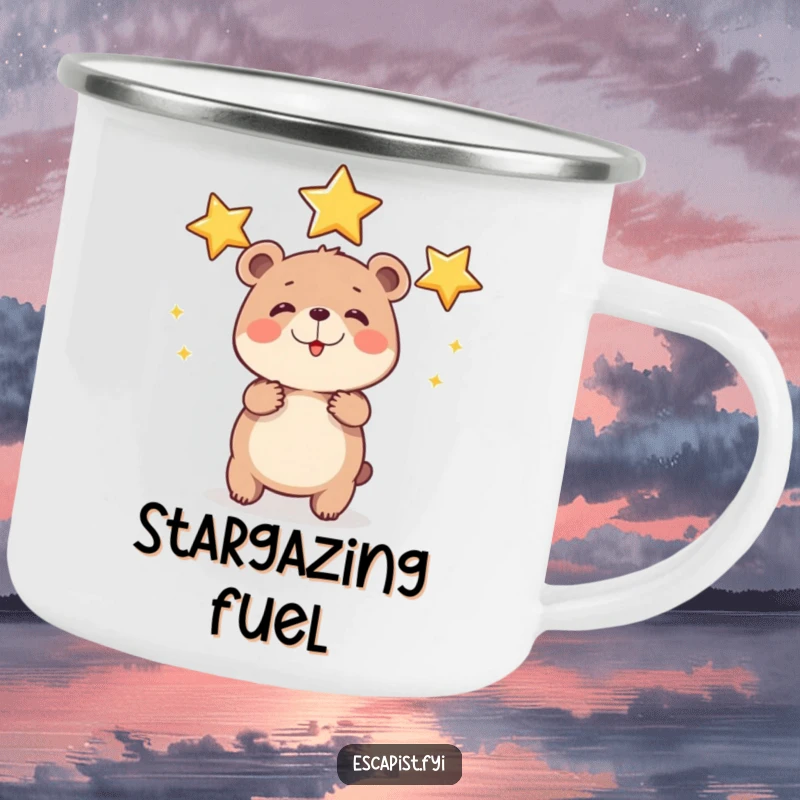 Funny bear cub star camping mug showing a round cub juggling shiny stars, built for adventures and adding cosmic inspiration to outdoor breaks.