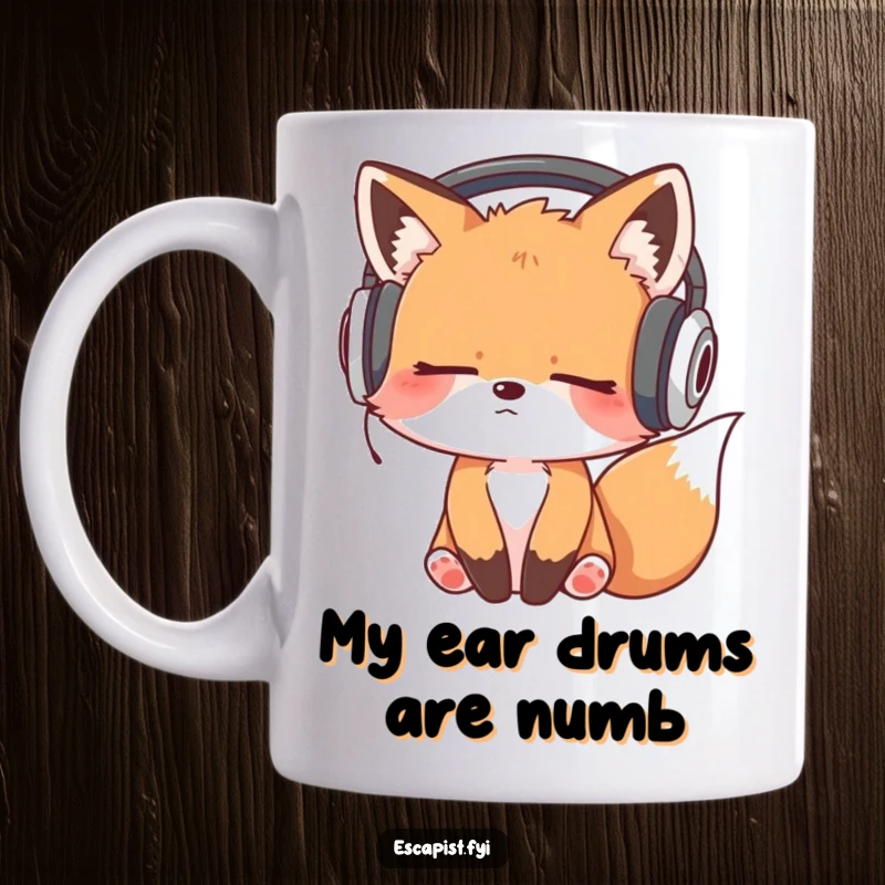 Funny mug featuring a sleepy fox kit wearing oversized headphones, bobbing its head to unheard music, embracing pure joy.
