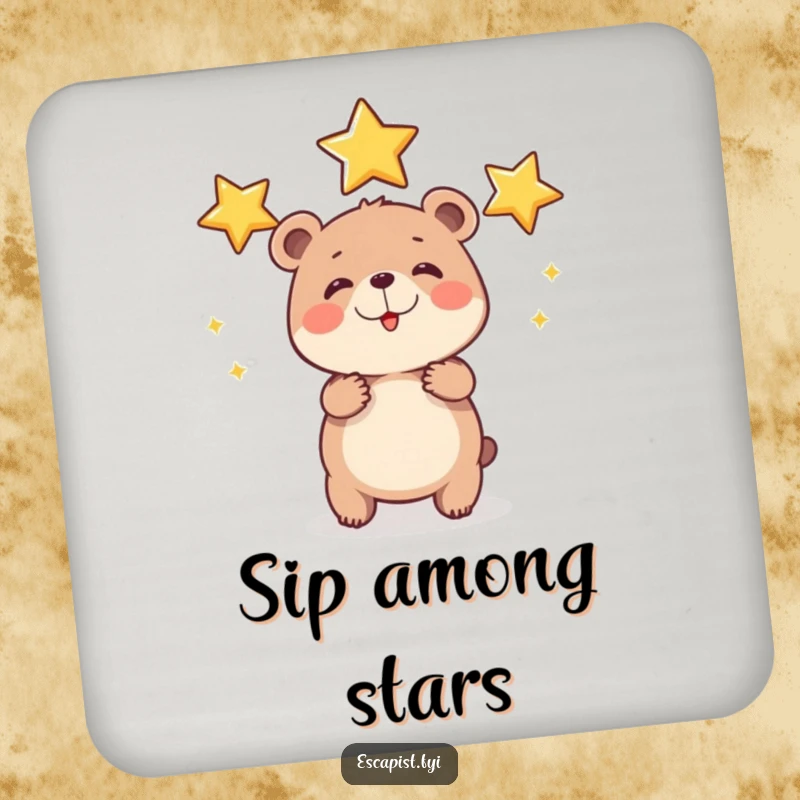 Funny bear cub star coasters set depicting a round cub juggling shiny stars with effort, protecting surfaces with charming, ambitious artwork.