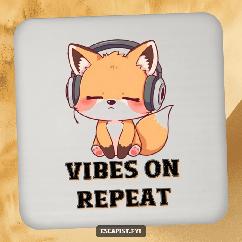 Funny coaster featuring a sleepy fox kit wearing headphones, bobbing its head to a silent, groovy tune.