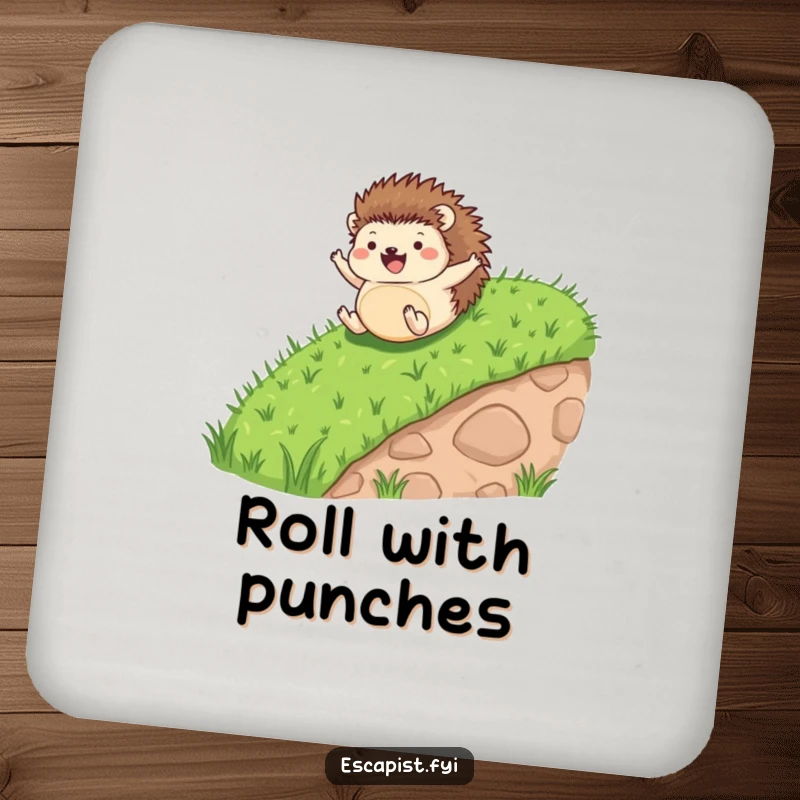 Funny coaster with a tiny hedgehog joyfully rolling down a hill, limbs flailing in an expression of pure delight.