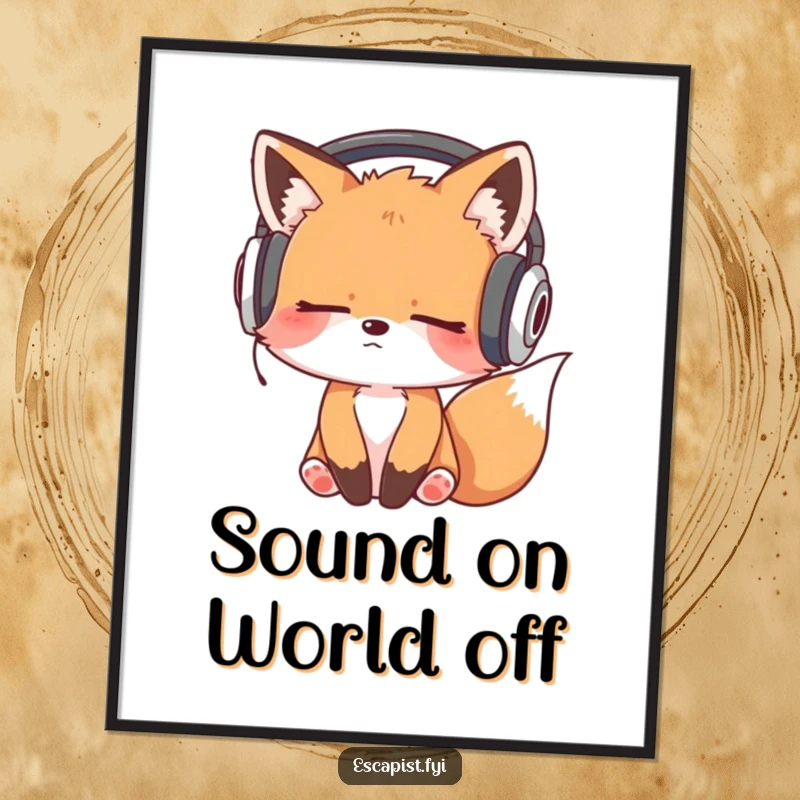 Funny poster of a sleepy fox kit wearing oversized headphones, its head bobbing to unheard music, creating a chill ambiance.