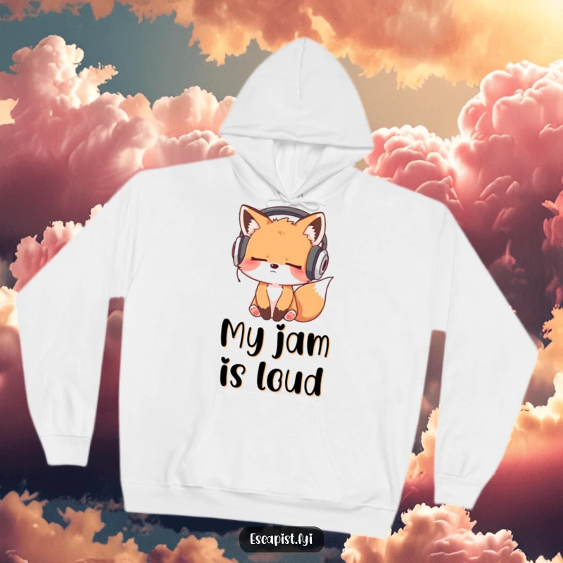 Funny hoodie showcasing a sleepy fox kit engrossed in music with oversized headphones, its head rhythmically bobbing.