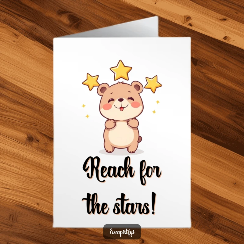 Funny Free Printable Birthday Card: A small, round bear cub strains happily while juggling three shiny stars with great effort.