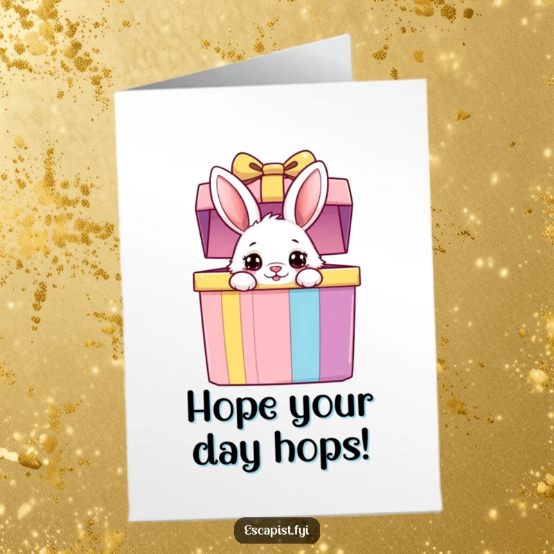 Funny Free Printable Birthday Card: A fluffy bunny with wide eyes peeks curiously from a giant, colorful gift box.