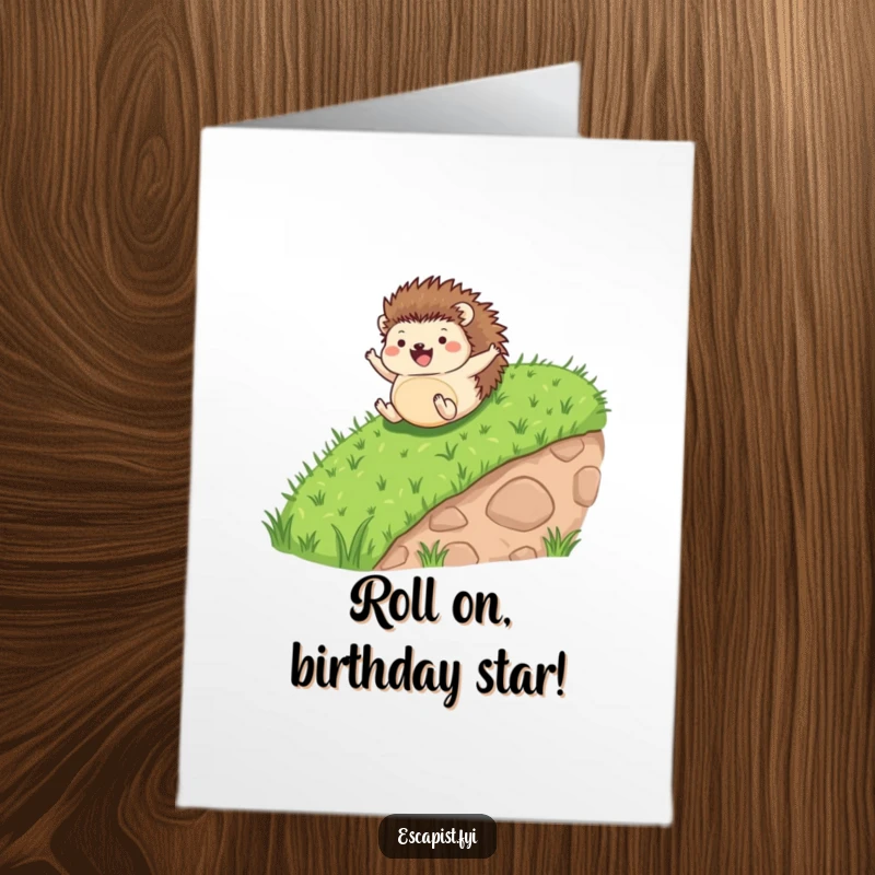 Funny Free Printable Birthday Card: Tiny hedgehog rolling down a hill, arms and legs flailing in pure joy, a fun downloadable.