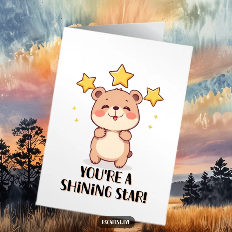 Funny Free Printable Congratulations Card: A bear cub exerts exaggerated effort juggling three bright stars in celebration.