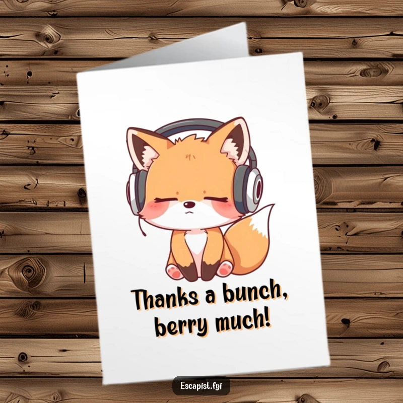 Funny Free Printable Thank You Card: Sleepy fox kit with headphones enjoying music, a unique downloadable thank you.
