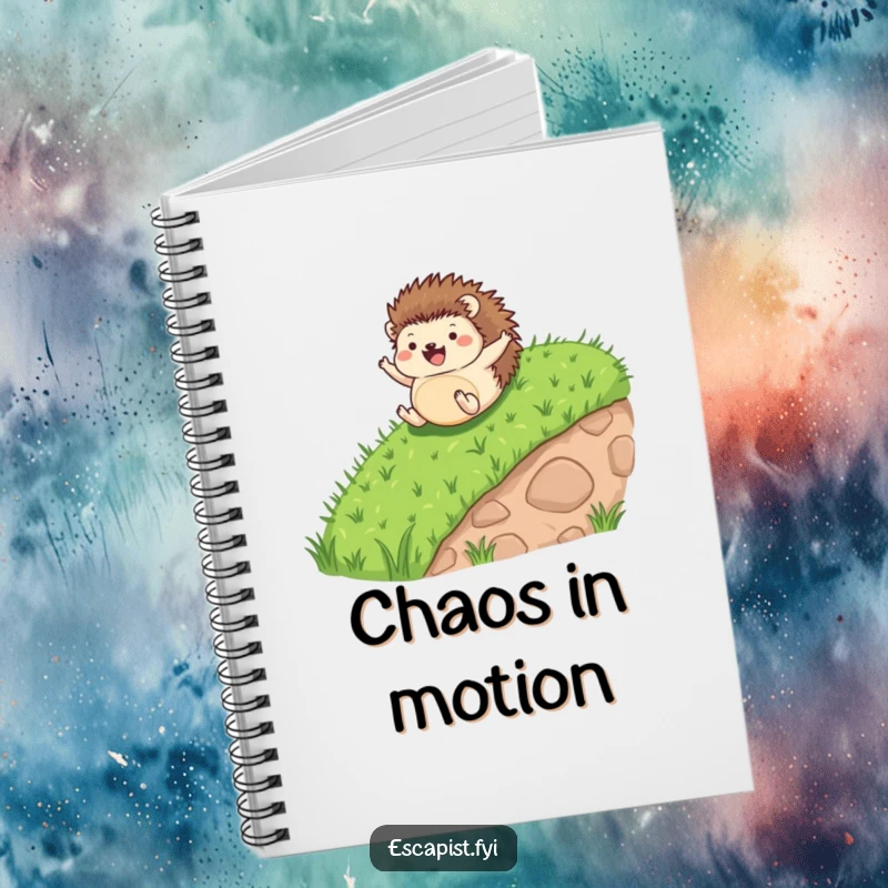 Funny notebook cover with a tiny hedgehog gleefully rolling down a grassy hill, arms and legs joyfully outstretched.
