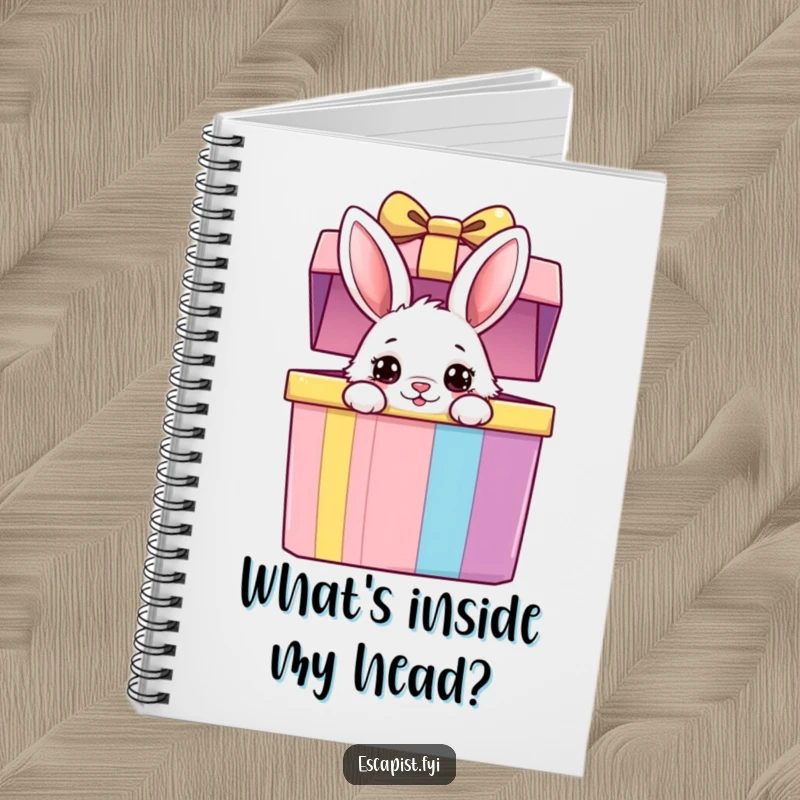 Funny bunny gift box notebook design featuring a fluffy bunny peeking from a colorful box with curious eyes, perfect for notes and whimsical thoughts.