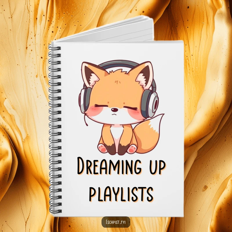 Funny notebook cover with a sleepy fox kit wearing oversized headphones, bobbing its head to an unheard, inspiring melody.