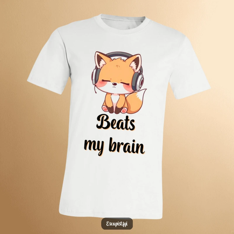Funny t-shirt with a sleepy fox kit wearing oversized headphones, blissfully bobbing its head to its own unheard music.