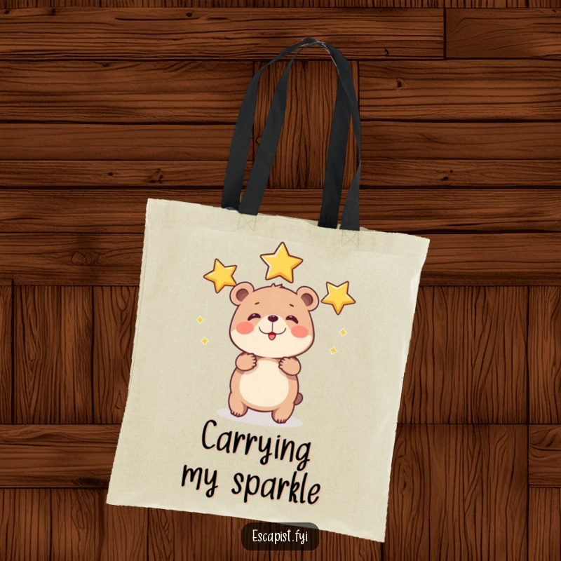 Funny bear cub tote bag depicting a round cub happily juggling shiny stars, ideal for shopping and carrying essentials with cosmic flair.
