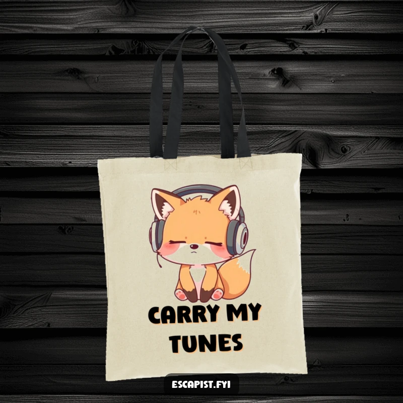 Funny tote bag with a sleepy fox kit wearing oversized headphones, bobbing its head, ready for a musical journey.